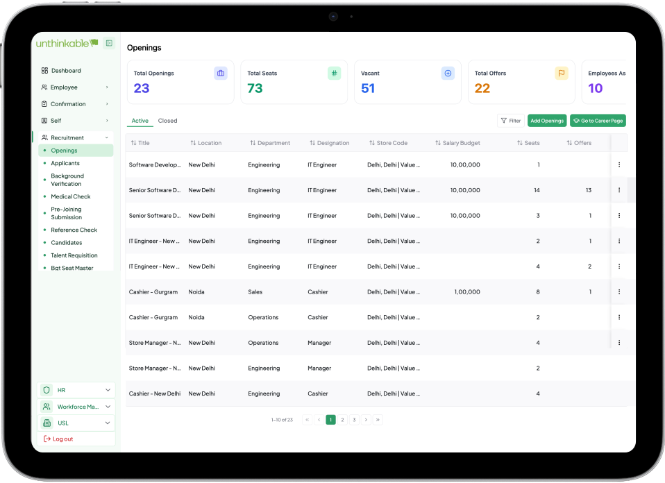 screen showing number of open job positions of hrms platform