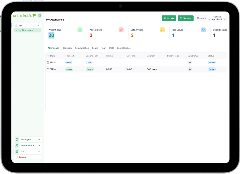 dashboard showing leave and attendance workflows of custom hrms solution