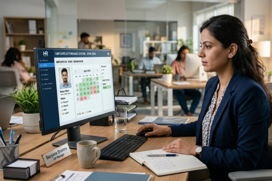 screen showing woman working on hrms software