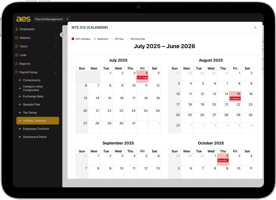 screen showing admin panel displaying holiday calender