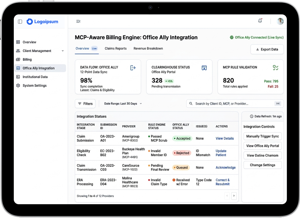 Screenshot of an MCP-Aware Billing Engine dashboard showing Office Ally integration status, with metric cards, an integration statuses table, and control buttons on a tablet UI.