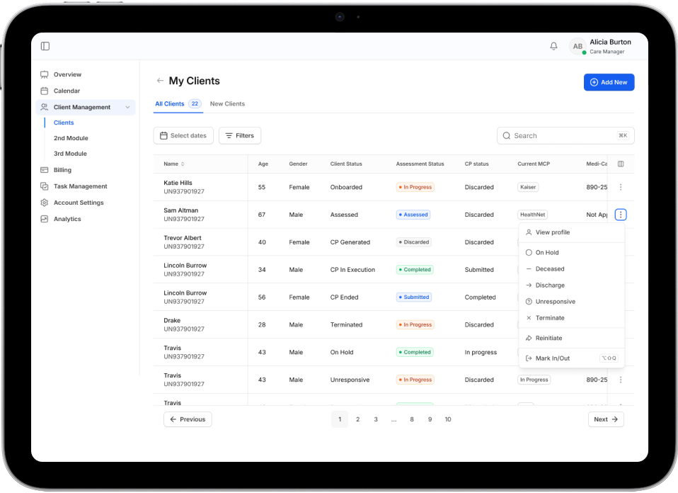 screen showing a list of clients in ecm platform