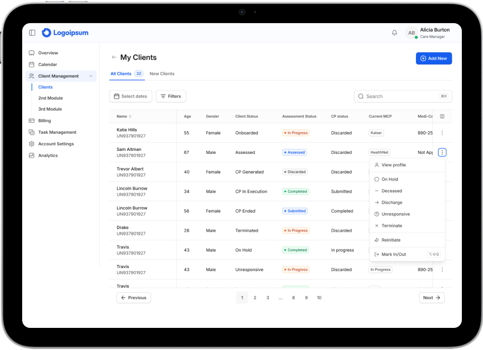menu showing client list of custom ecm solution