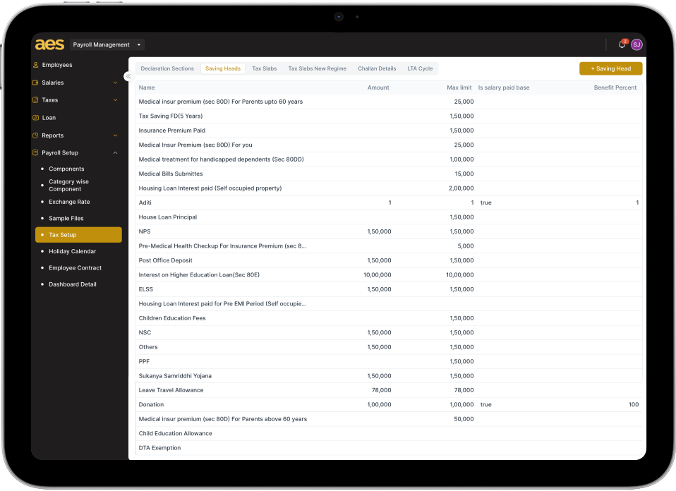 screen showing tax configuration table