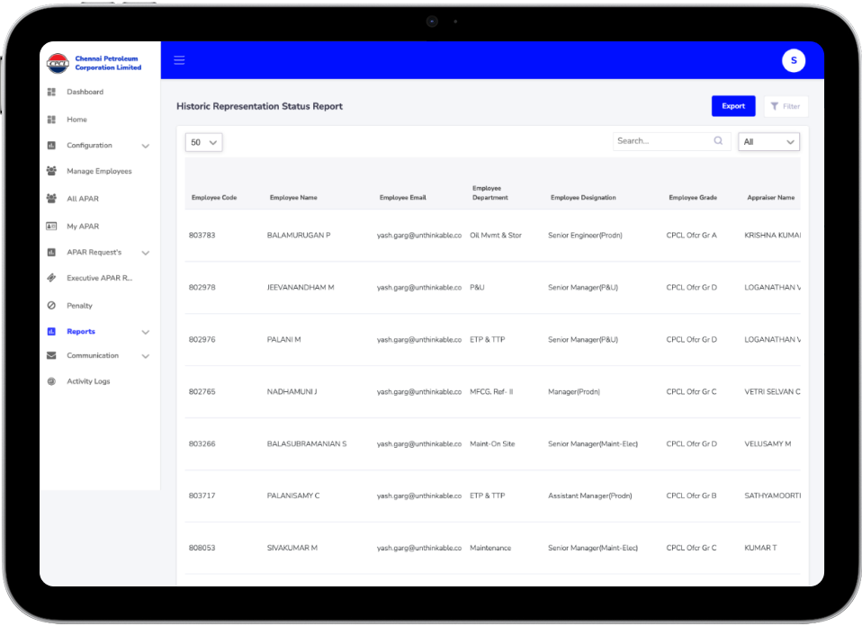 screen showing table of employee data inside custom hrms solution