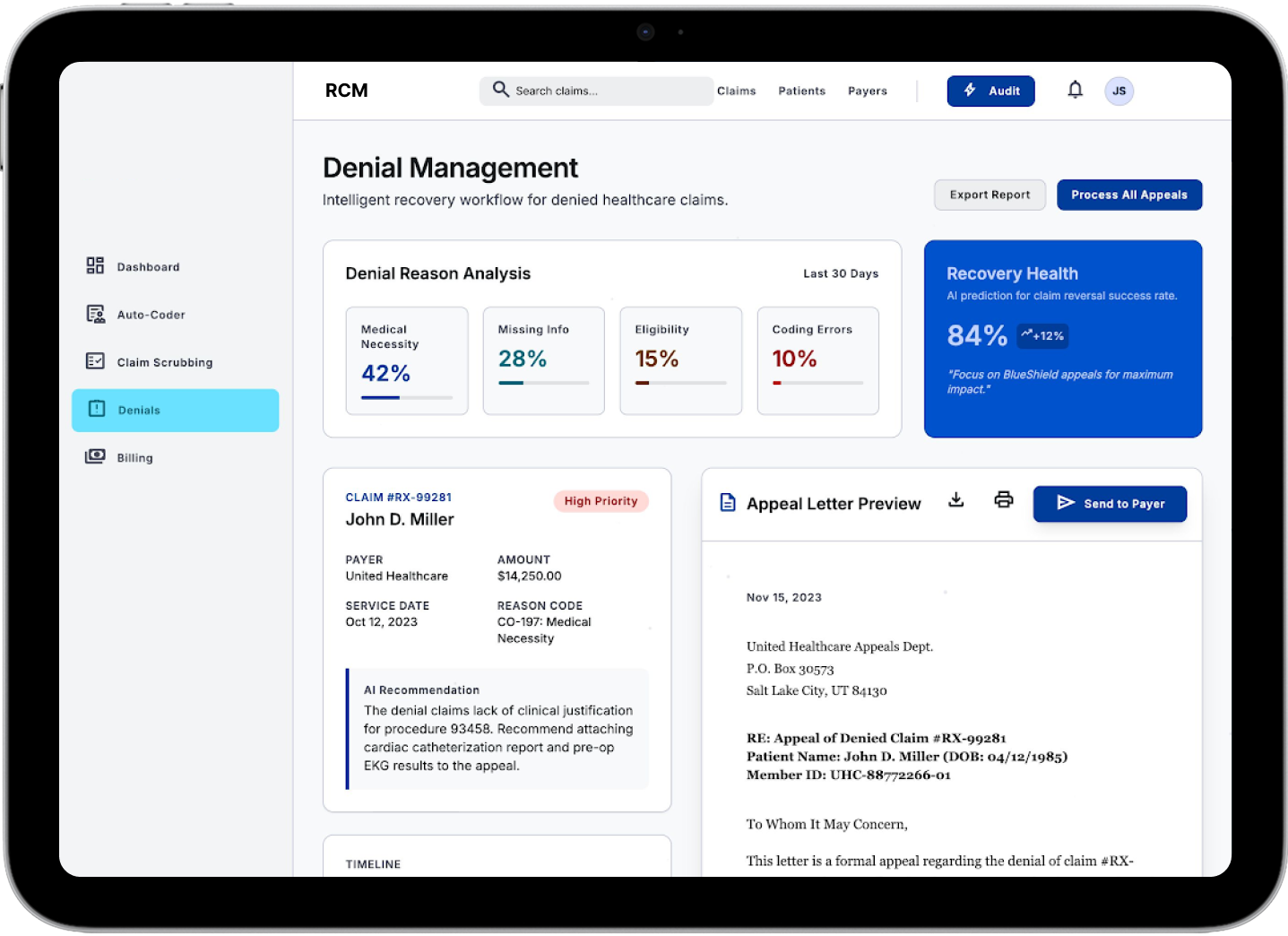 screen showing root causes by payer and procedure, and generates appeal letters automatically