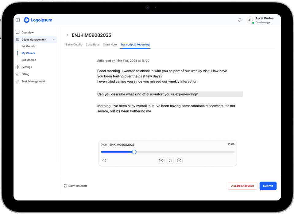screen showing ai generated transcript for custom ecm solution