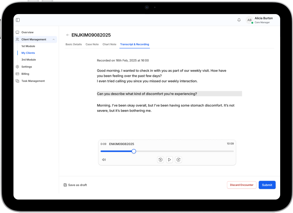screen showing ai generated transcript of ecm. module
