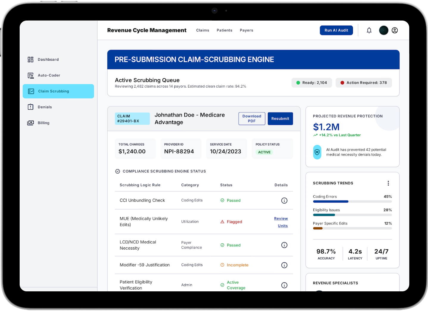screen showing pre-submission claim scrubbing in rcm product
