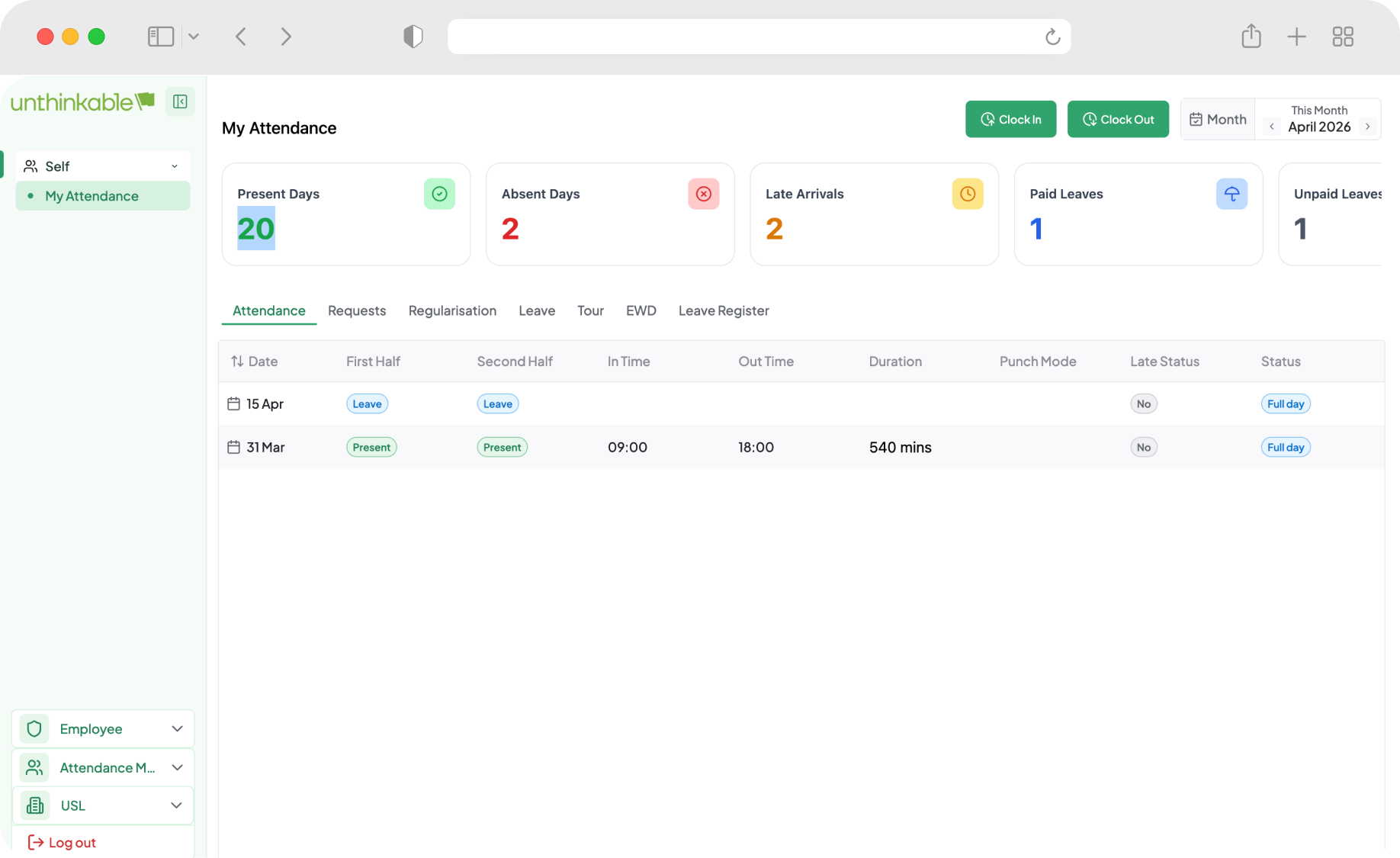 screen showing time and attendance management of custom hrms
