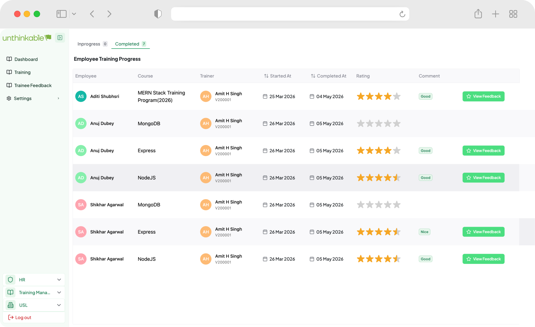 screen showing training and development modules of custom hrms software